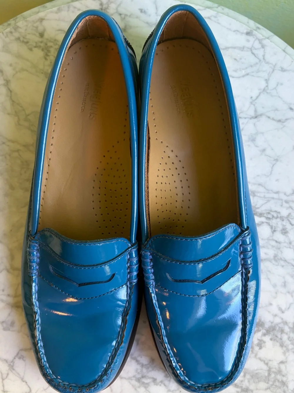 Cerulean Blue Patent Leather Bass Weejuns Penny Loafers, Size 8M - Picture 2 of 10